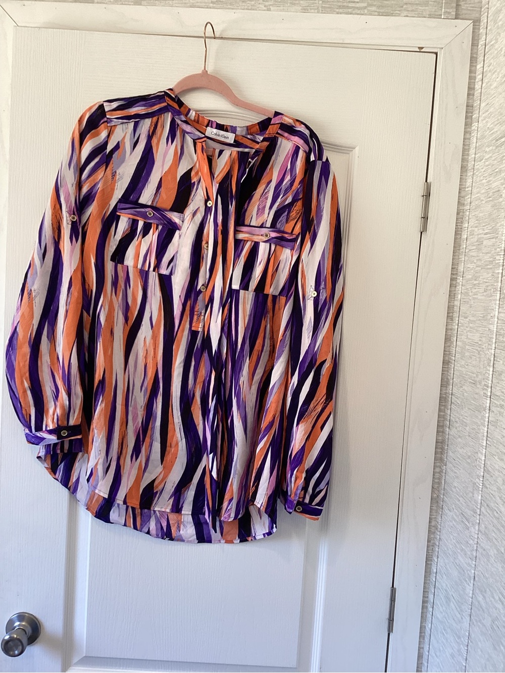 Calvin Klein Purple, Orange & White Abstract-Print Button Blouse XL EUC